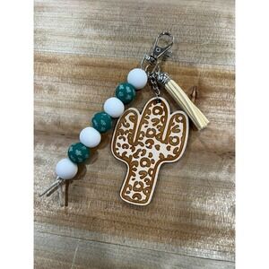 Cactus Leopard Silicone Bead Lobster Clasp Keychain Purse Charm Wood‎ Engraved